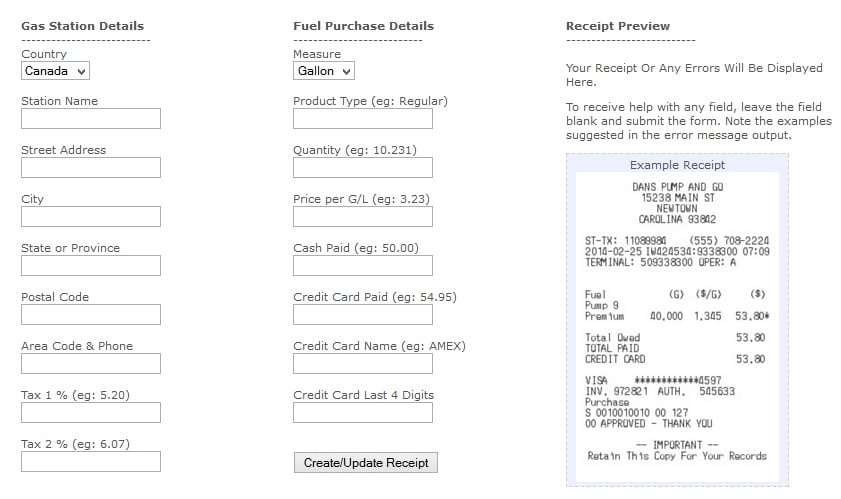 Free Online Gas Receipt Generator for Canada and USA People