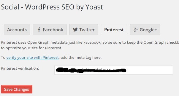 Pinterest Verification of Meta Tag in Social Settings of WordPress SEO by Yoast