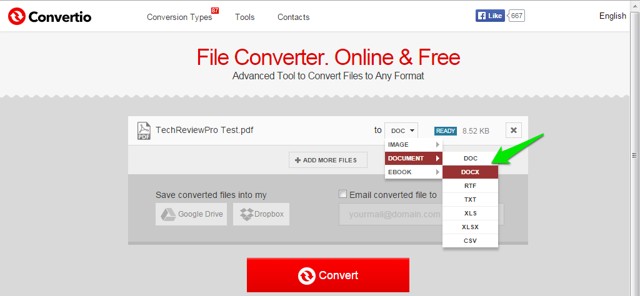 Select Format in Free Online File Converter Tool to Change PDF to Word Online