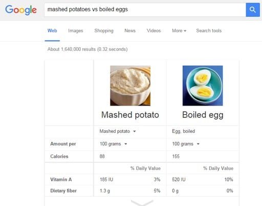 Google Search Tips and Tricks - Compare Foods