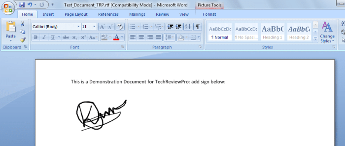 how to put signature in word