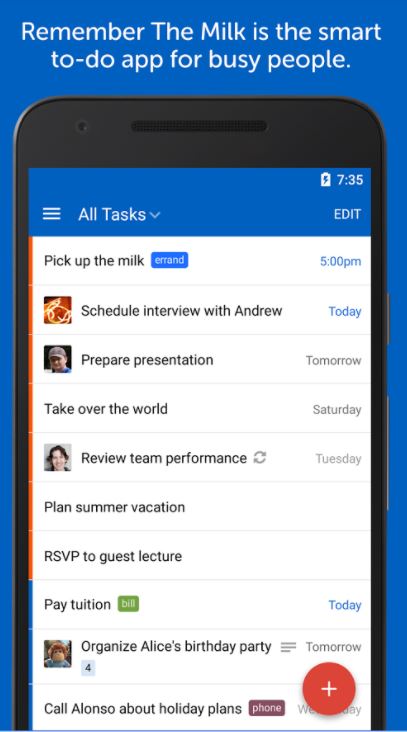 Remember the Milk App for Android - Best Daily Reminder Apps for Android